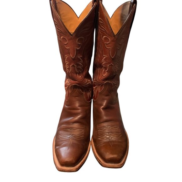 Lucchese Handmade Brown Leather Cowboy Boots Square Toe Mens Sz 10 USA - Picture 2 of 13